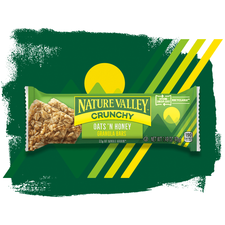 Illustrated mountains and sun graphic with individual package of a Nature Valley Oats 'N Honey Granola Bar.