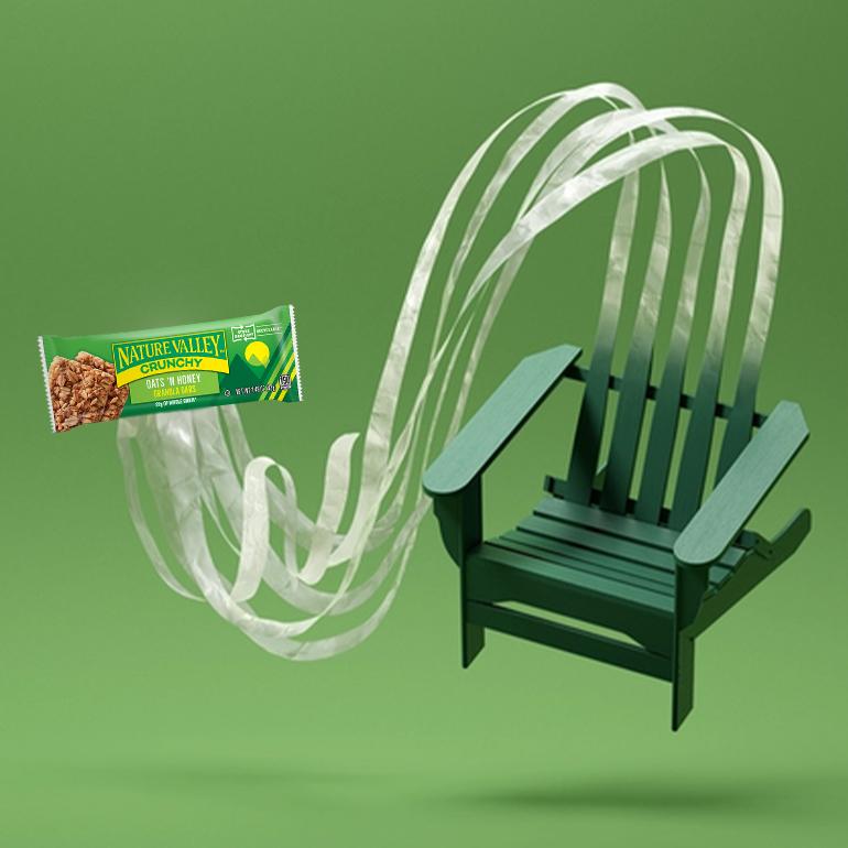 Nature Valley bar packaging turning into strands that turn into yard furniture.
